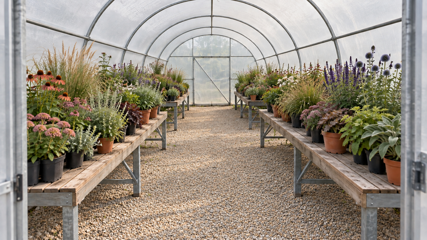 Intérieur de la serre de Perenne, avec des plantes résilientes présentées sur des tables autour d’une allée en graviers